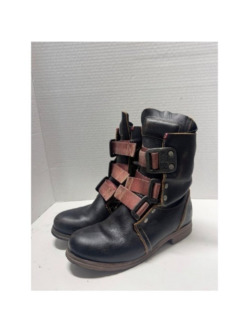 Fly London Salv Black Leather Triple Strap Moto Boots Made in Portugal 37 6.5